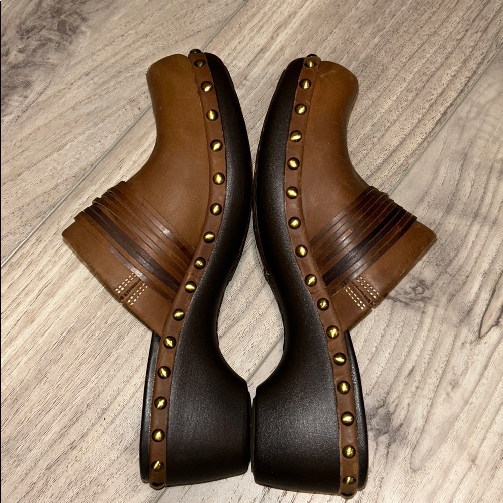 Ecco Leather Studded Slip On Size 6 EU 37 Mules Clogs Chunky Strap Boho Brown - Picture 5 of 8